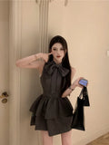 Hot Girl Diamond Bow Sleeveless Dress for Women Summer Lace-up Slim Fit A-line Fluffy Short Dress Fashion Female