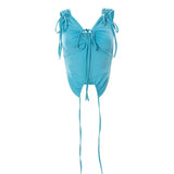 Cyber Y2K Aesthetics Drawstring Ruched Lace Up Tank Tops 2000s Fashion Cute Hollow Out Backless Patchwork Crop Top