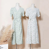 Summer Short Sleeve A-line Midi Dress Floral Printing Lace Up Belt Shirt Dress Woman Chic vestido