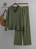 Autumn Loose Two Pieces Sets Women Twist Striped Sweater+Wide Legs Thick Long Pant Home Wear Casual Knitted Suits