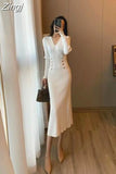 Women Winter Sheath Elegant Midi Knitted Dress Sexy V-neck Long Sleeve Wool Blend Warm Design Knitting Clothing Winter 2023