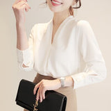 Quality Spring Autumn Elegant White Women Tops Long Sleeve Chiffon Blouse Female Work Wear