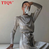 Fashion Sliver Pleated Maxi Dress Casual O-Neck Long Sleeve Bodycon Dress Elegant Lace-Up Party Dresses For Women