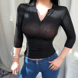 See Through Slim High Quality Plain T Shirt Women Cotton Elastic Basic T-shirts Female Casual Tops Long Sleeve Sexy