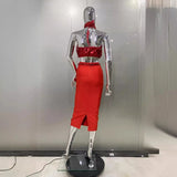 High Quality Fashion Red Hanging Neck Sexy Full Diamond Mini Top + Tight Height Waist Half-Dress
