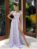 Floral Print Dress Sweet Square Neck Puff Sleeve Side Spilt Drawstring Maxi Dresses for Women Party Chic Casual