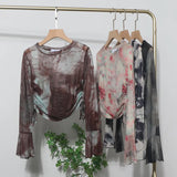 Sunscreen Not Sultry Hot Tie Dye Net Yarn Long-Sleeved T-Shirt Drawstring Tethered With Short-Sized T-Shirt Horn Sleeve Top