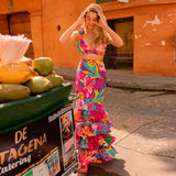 Pieces Summer Dress For Women 2023 Floral Printed Sling Long Dresses Ruffled Slim Vestidos Sleeveless Pink Party Robes