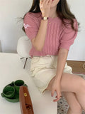 Kitty 2022 Summer Retro All Match Argyle Women Jumpers Pullovers Casual Chic Half Sleeves New Sweet Knitted