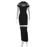 Mesh Patchwork Halter Neck See Through Long Black Dress Women 2022 Summer Sexy Hollow Out Bodycon Evening Party