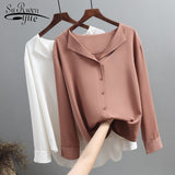 Solid Female Shirts Outwear Tops 2021 Spring Women Chiffon Blouse Office Lady V-neck Button Loose Clothing New Chic