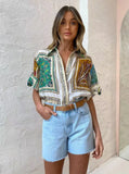 Summer Women blouse 100% ramie Flower Folds V-neck turn-down collar short sleeve printing