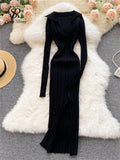 Women Korean Knitted Dress Long Sleeve V Neck Elastic Slim Pencil Dresses 2023 Autumn Sexy Bodycon Split Sweater