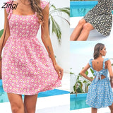 Backless lace-up floral print Dress Women SUMMER Dress 2022 new Sweet Square Neck Ruffle Short Flying Sleev Slim Mini