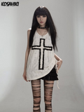 Aesthetic Tank Top Women Gothic Punk Cross Patchwork Harajuku Streetwear Sleeveless Tee Pleated Bandage Fairy Grunge