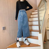 Zingj New Autumn Dress 2024 Women's Skirt High Waist Long Skirt Slit Jeans Skirt-Outfit