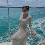 Women's Summer Long Knit See-through Beachwear Solid Color Flare Long Sleeve O Neck Hollow Backless Cover Up
