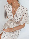 Chic polka dot botton a-line dress women Bell sleeve high waist maxi vestido elegant Office white dresses summer
