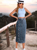Side Slit Buttoned Denim Midi Skir- Outfit