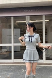 Girl College Style Suit Women's Autumn Knitted Pleated Dress Turn-down Collar Bow Top Two-piece Set Fashion Female