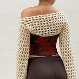 2022 O Neck Knitted Crop Top Long Sleeve White Autumn Summer Tee Y2k Casual Women T Shirts Basic