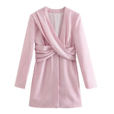 Women Elegant Solid Pink Blazer-Style Mini Dress Knotting Collar Long Sleeve Summer Office Lady Slimmed