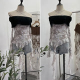 Real Shot Shoulder Cross Hanging Neck Knitting Mesh Yarn Coat Irregular Ribbon Horn Long-Sleeved T-Shirt