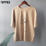 summer t-shirts character printing tops tees solid color white t-shirts women drinking girls