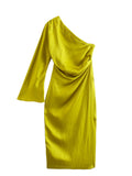 Asymmetrical Long Dress Women Yellow Satin Dress Woman One Shoulder Elegant Party Dresses 2023 Ruched Midi Summer
