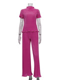 Fashion Women's 2 Pcs Set Pleated New Round Neck Loose Short Sleeve Tops And Highwaist Straight Pants Female Summer