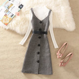 Autumn Winter Woman Long Sleeves Knitted T-shirt + Tweed Blend Plaid Dress 2 pcs sets Female Outfits Free