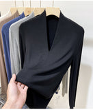 Zingj Temperament Goddess 2024 Autumn New Good Version V Collar Short Sleeve Female Slim Slim Elastic Cotton Black