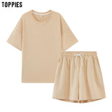 Summer Tracksuits Womens Two Peices Set Leisure Outfits Cotton Oversized T-shirts High Waist Shorts Candy Color