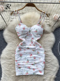 Spaghetti Strap Sexy Bodycon Short Dress Women Ruched Slim Mesh Beach Sundress Fashion Floral Backless Party