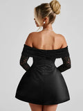 Lace Off-shoulder Patchwork Solid Mini Dress- Outfit