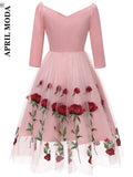 Winter Autumn Embroidery Women Vintage 70s Mexican Ethnic Floral Boho Midi Off Shoulder Party Dress Vestido Robe Femme
