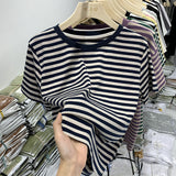 Striped Short-Sleeved T-Shirt Women's Loose Summer 2023 New Style T-Shirt Round Collar Half-Sleeved Shirt Ins