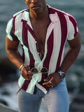Mens Shirt Summer Streetwear Casual Short Sleeve Turn-down Collar Button Shirts Men Vintage Striped Print Cardigan