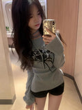 Aesthetic Spider Print Women Long Sleeve T-shirt O Neck Bandage Vintage Solid Slim Fit Tshirts Harajuku Sexy Tee Shirt