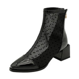 Summer Women Boots Patent Leather Knee High Booots Sexy Hollow Breathable Mesh Boots Fashion Zipper Thick High Heel