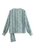 Chain Print Crop Top Woman Blue Wrap Long Sleeve Shirts And Blouses For Women Fashion 2023 Knot Elegant Women's