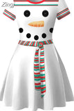 Snowman Print Christmas Women 2023 New Short Sleeve Elegant Vintage Party Xmas Dress Robe Femme Casual Femal