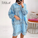 2021 Long Sleeve Shirt Dress Print Women Blue Oversized Autumn Beach Sexy Loose Vintage Fashion Mini 90s Casual