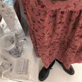 Corduroy High Waist Floral Print Maxi Skirt-Outfit
