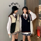 Women's Knitted Vest Preppy Style V-Neck Patchwork Sweaters for Women Korean Fashion Vintage Top Loose Women's Warm
