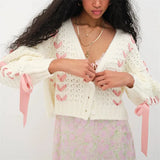 White Pink Ribbon Lace Up Sweater Cardigan-Outfit