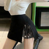 Black Side Split Rhinestone Fringe Mini Skirt- Outfit