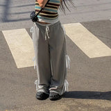 Grey Stripe Ribbon Drawstring Sweatpants-Outfit