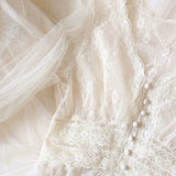 Size Elegant Button A-Line Vestidos White Dress Women 2022 autumn Puff Sleeve Empire V-Neck Lace Voile Mesh Dresses
