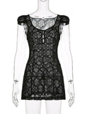 Women Lace Floral Short Mini Dress Vintage V-neck Buttons Up Slim Fit Summer Solid A-Line Dress Y2K Vestidos
